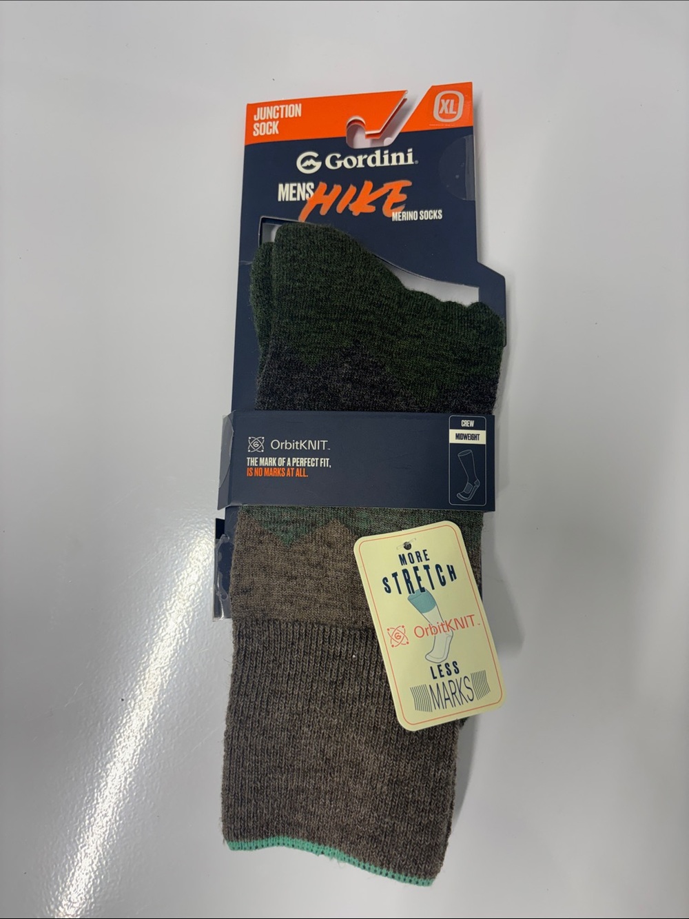 Gordini Junction crew sock midweight green and brown size Large NWT